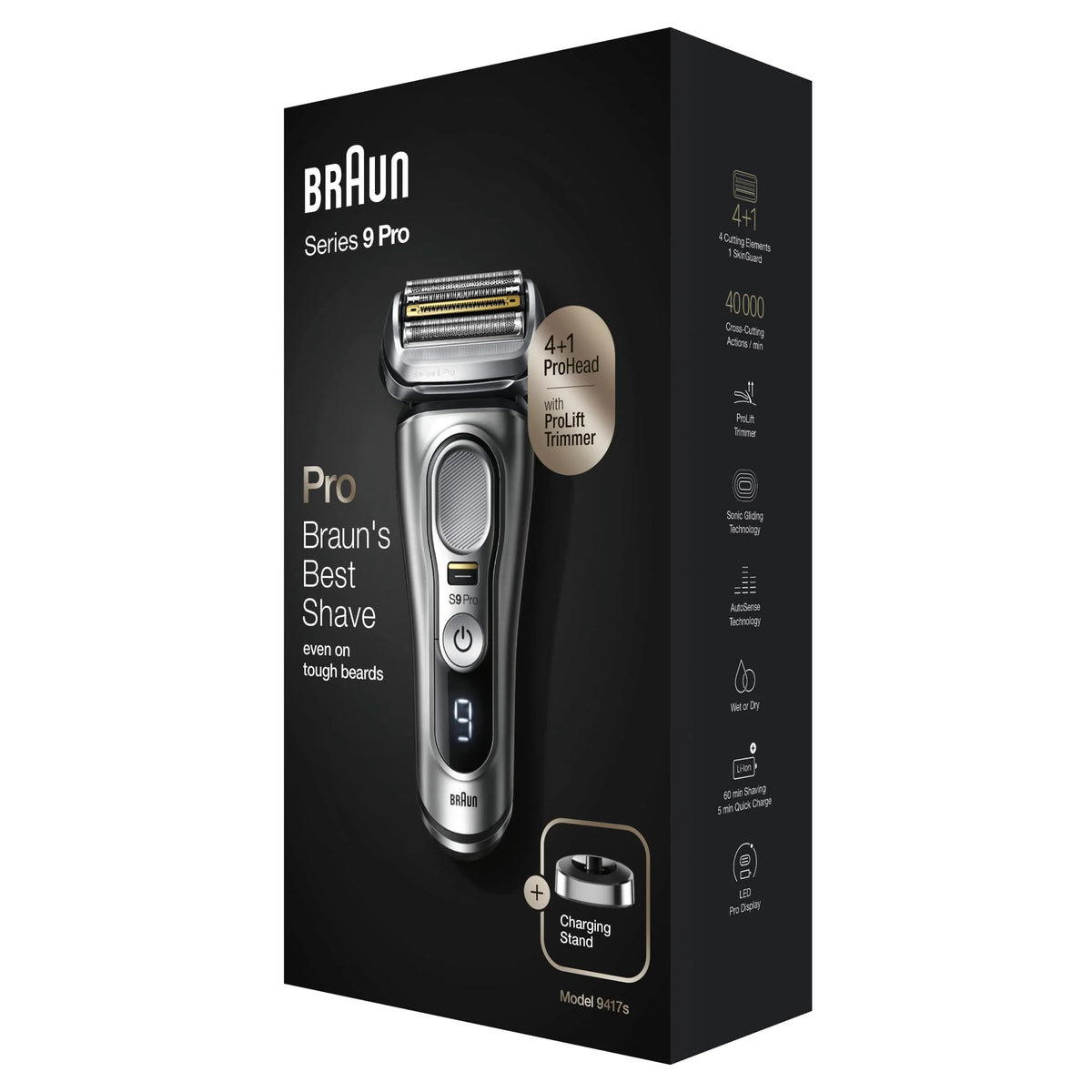 Braun Golarka elektryczna Series 9 Pro z głowicą 4+1, trymerem ProLift, stojakiem ładującym i etui podróżnym, technologia Sonic, wtyczka 2-pinowa brytyjska, 9417s, srebrna golarka, ocena najlepszego