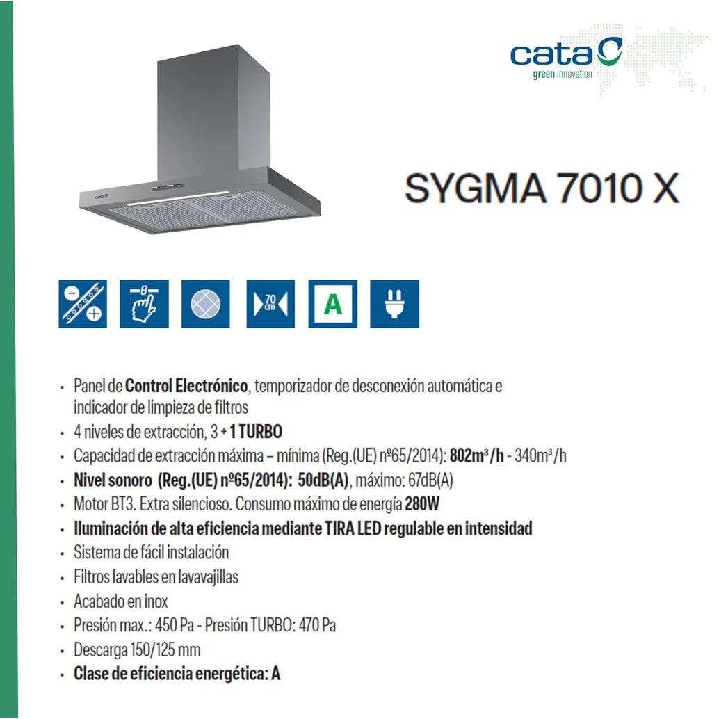 Cata Sygma okap ścienny 7010 X 4 poziomy demontażu 3+1 TURBO Elektroniczny panel sterowania Silnik BT3 Extra Silent Oświetlenie Taśma LED Łatwa instalacja Szerokość 70 cm Kolor Stal nierdzewna
