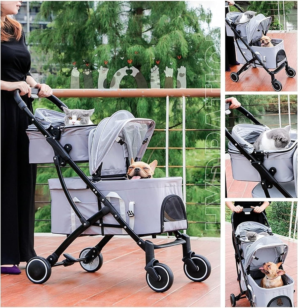 Dwuwarstwowe Wózki Dla Psów Premium Dla Dwóch Kotów Lub Psów - Wózek Twin Pet Z Odpinanym Transporterem Podróżnym, Idealny Dla Wielu Zwierząt Domowych, Purple
