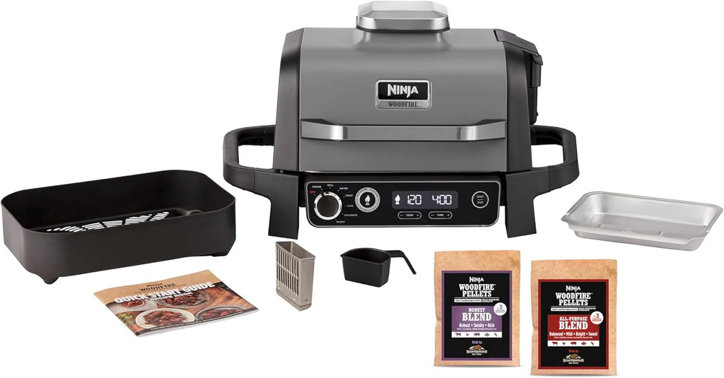 Ninja Woodfire Pro Connect XL Grill elektryczny, wędzarnia i frytkownica 7 w 1, sterowany za pomocą aplikacji, termometr cyfrowy z sondą, opalany pelletem drzewnym, wodoodporny, czarny, OG901EU