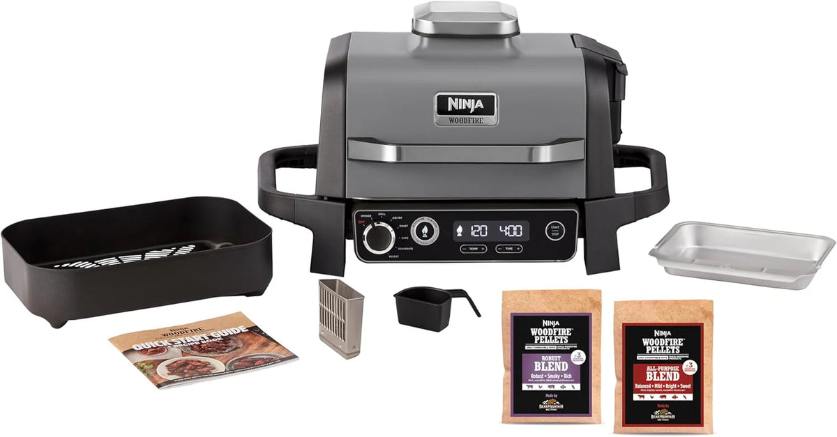 Ninja Woodfire Pro Connect XL Grill elektryczny, wędzarnia i frytkownica 7 w 1, sterowany za pomocą aplikacji, termometr cyfrowy z sondą, opalany pelletem drzewnym, wodoodporny, czarny, OG901EU