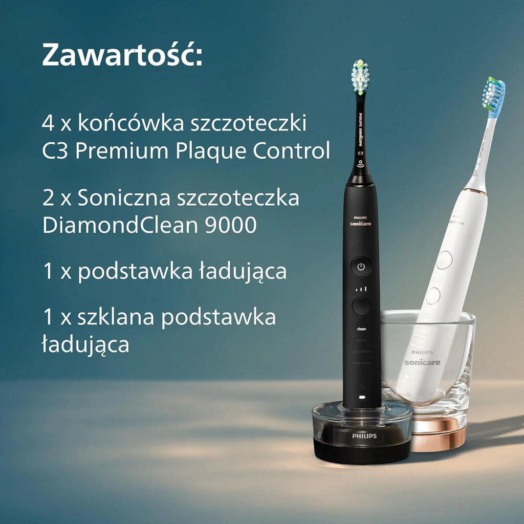 Szczoteczka elektryczna Philips Sonicare DiamondClean 9000, podwójne opakowanie, szczoteczka soniczna z aplikacją, czujnik nacisku, szklanka do ładowania, kolor czarny i Rosegold, model HX9914/61