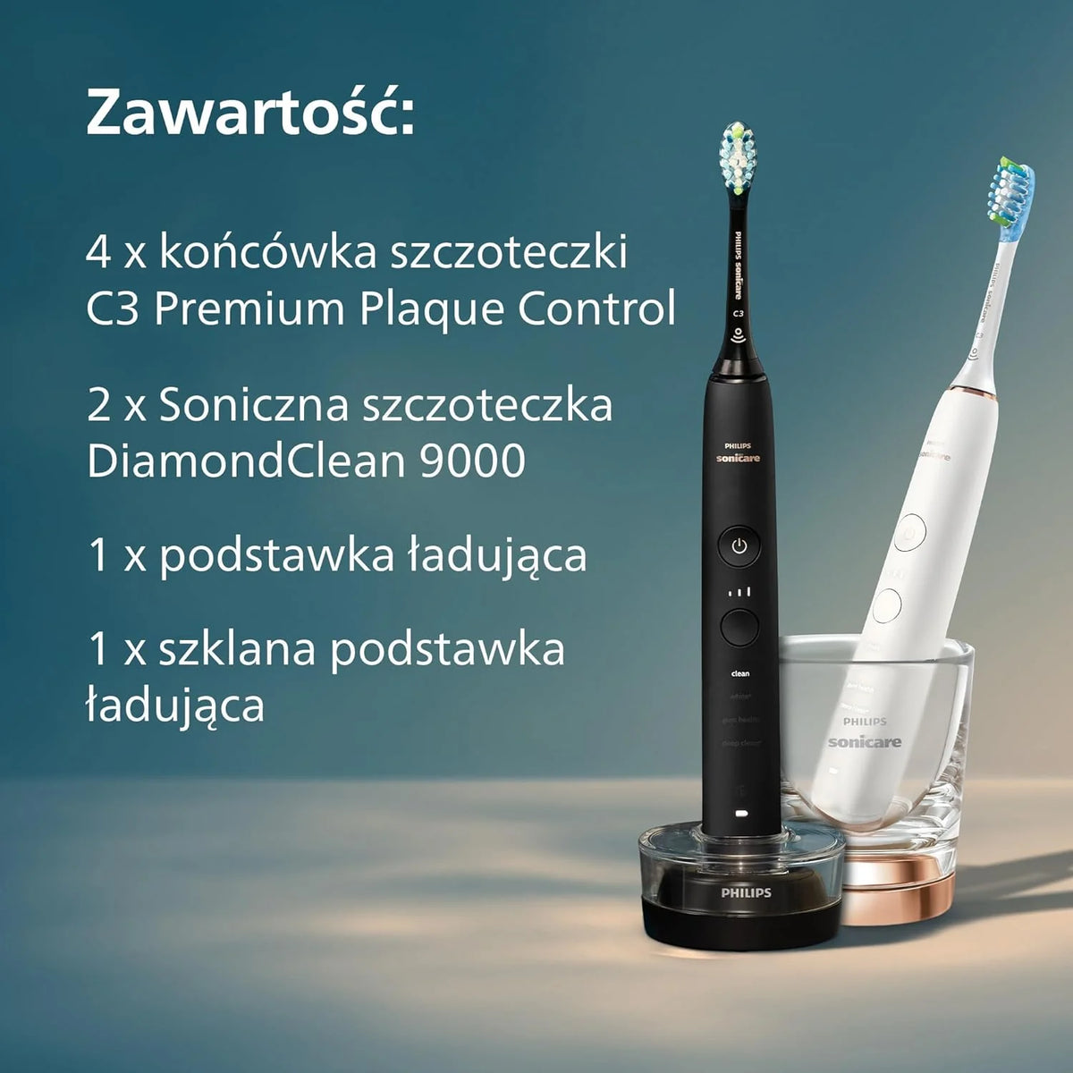 Szczoteczka elektryczna Philips Sonicare DiamondClean 9000, podwójne opakowanie, szczoteczka soniczna z aplikacją, czujnik nacisku, szklanka do ładowania, kolor czarny i Rosegold, model HX9914/61