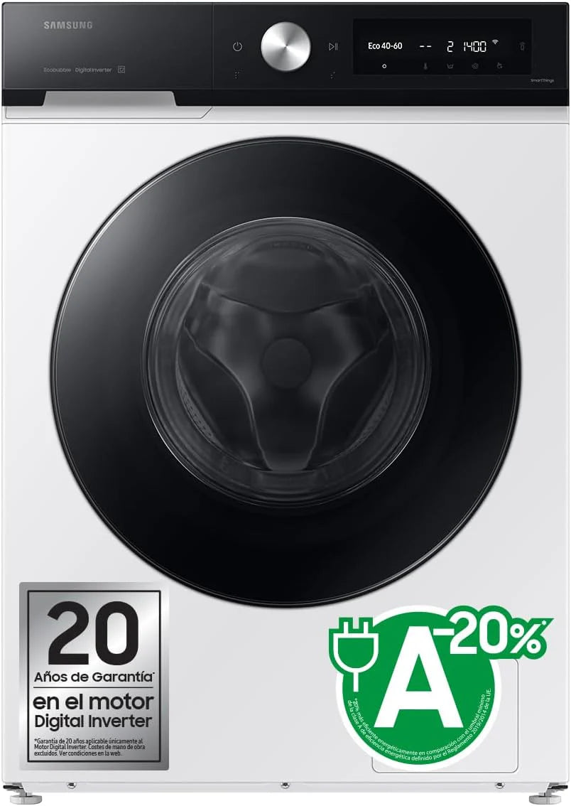 Samsung WW90DB7U94GEU3 - Pralka AI EcoBubble, 9 kg, A-20% z Super Speed 39, Samodawka, Para, Kolor Biały