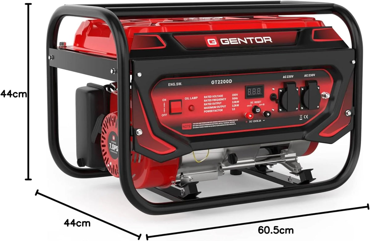 GENTOR generator prądu awaryjnego benzyna cichy 2200 Watt 7.0HP, generatory prądu 4-suwowy silnik benzynowy, 2x 230V, 1x 12V, pull-start, dla kempingu, na zewnątrz, warsztat, dom