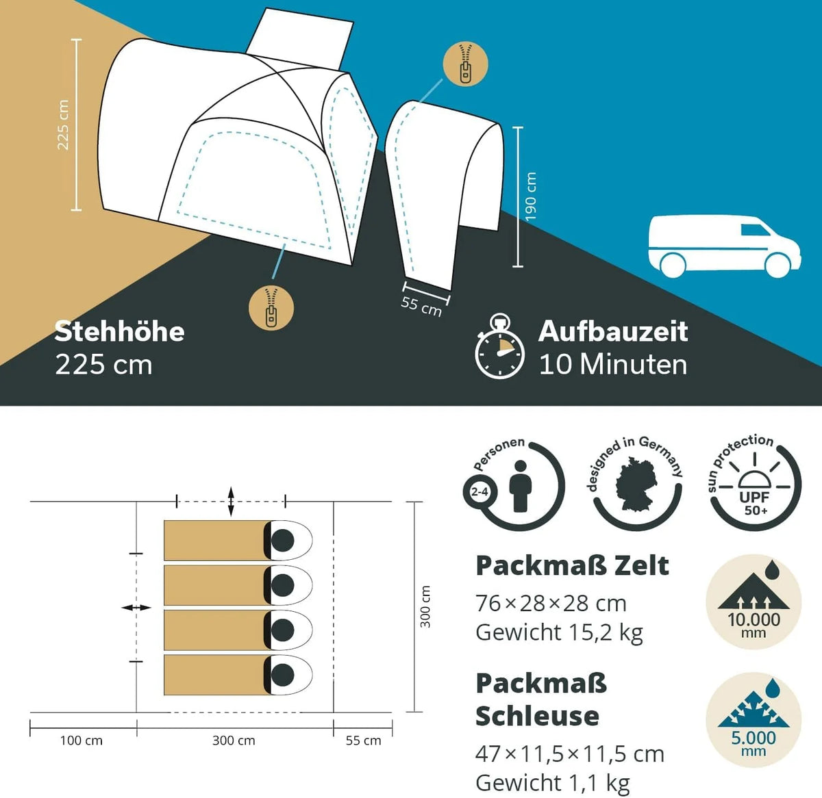 Skandika Pitea 4 Flex Protect Bundle namiot kopułowy z kluczem typu van; namiot kempingowy dla 4 osób, z zamkiem, do furgonetki, wszyta podłoga, słup wody 5000 mm, UPF 50+, namiot, kemping, do