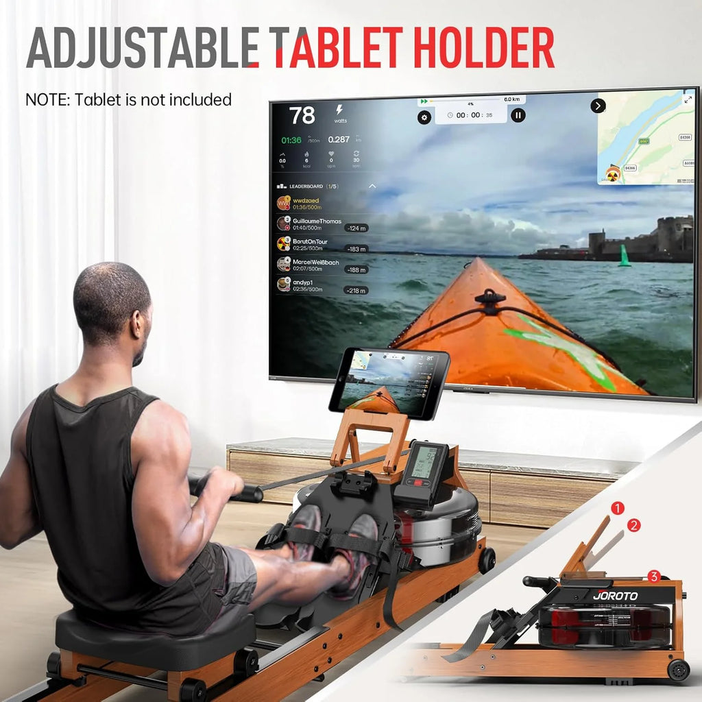 JOROTO Drewniany wioślarz do domowej siłowni, składany rower z drewna dębowego z Bluetooth, regulowany uchwyt na tablet - nośność 330LS