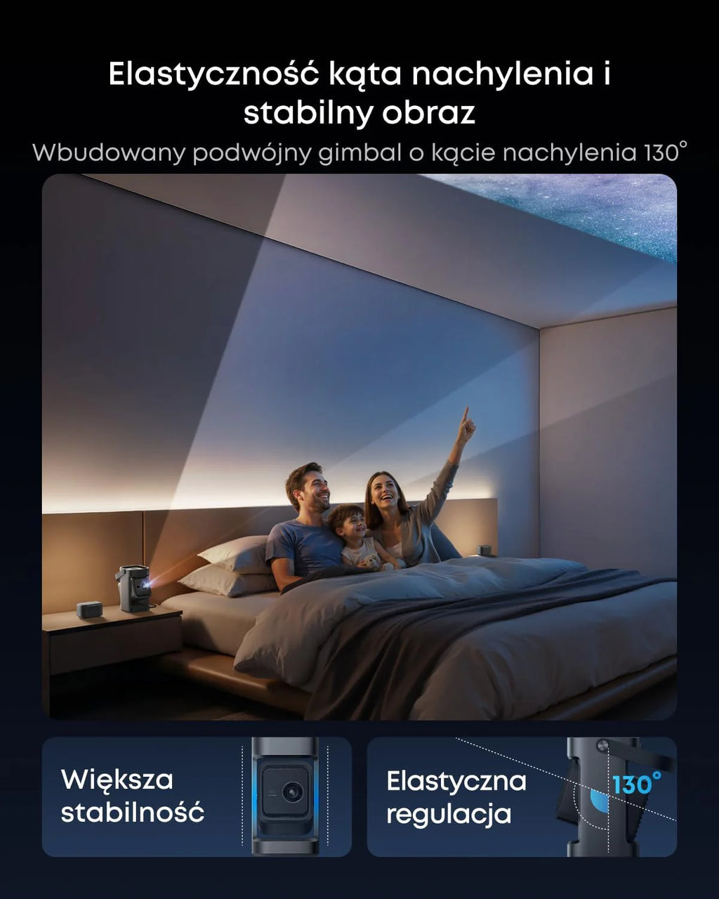 Przenośny projektor Nebula P1, bezprzewodowe odłączane głośniki, 650 lumenów ANSI, dźwięk przestrzenny 2.0 o mocy 20 W, rozdzielczość 1080p, dwuramienny stabilizator 130°, automatyczna regulacja obraz