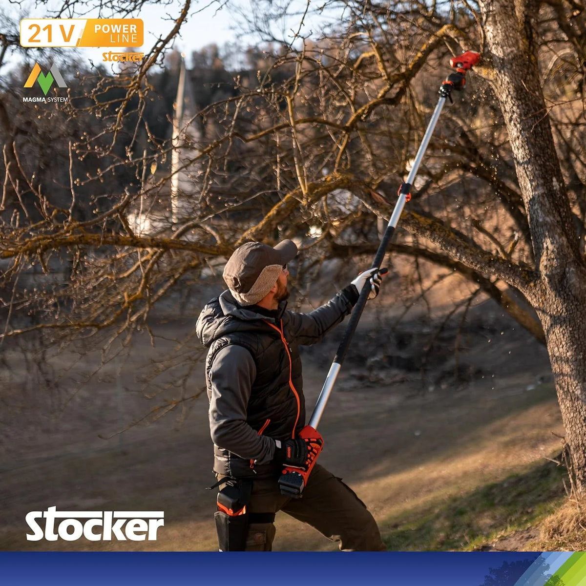 STOCKER - Zestaw do przycinania piły łańcuchowej z teleskopową rączką Magma E-150 LA 21V - akumulator 2,6 Ah i olej smarujący w zestawie - cięcie do 3,5 m - lekka i wydajna