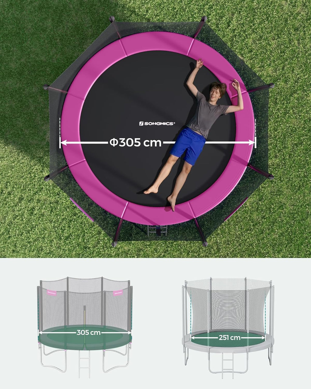 SONGMICS Trampolina ogrodowa o średnicy 183/244/305/366/427 cm, z siatką zabezpieczającą, drabinką i wyściełanymi drążkami, osłona bezpieczeństwa, zewnętrzna
