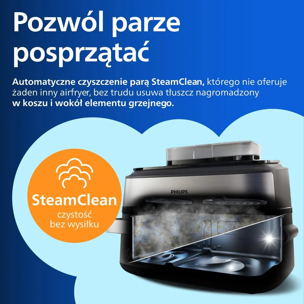Philips Airfryer Ovi serii 5000 Megabasket z parą - Steamfry, Gotowanie na parze i Airfry, 28 metod gotowania; 9,5 l w Megabasket lub 3 l + 6 l w podwójnym koszu, RapidAir, czyszczenie parą (NA565/00)