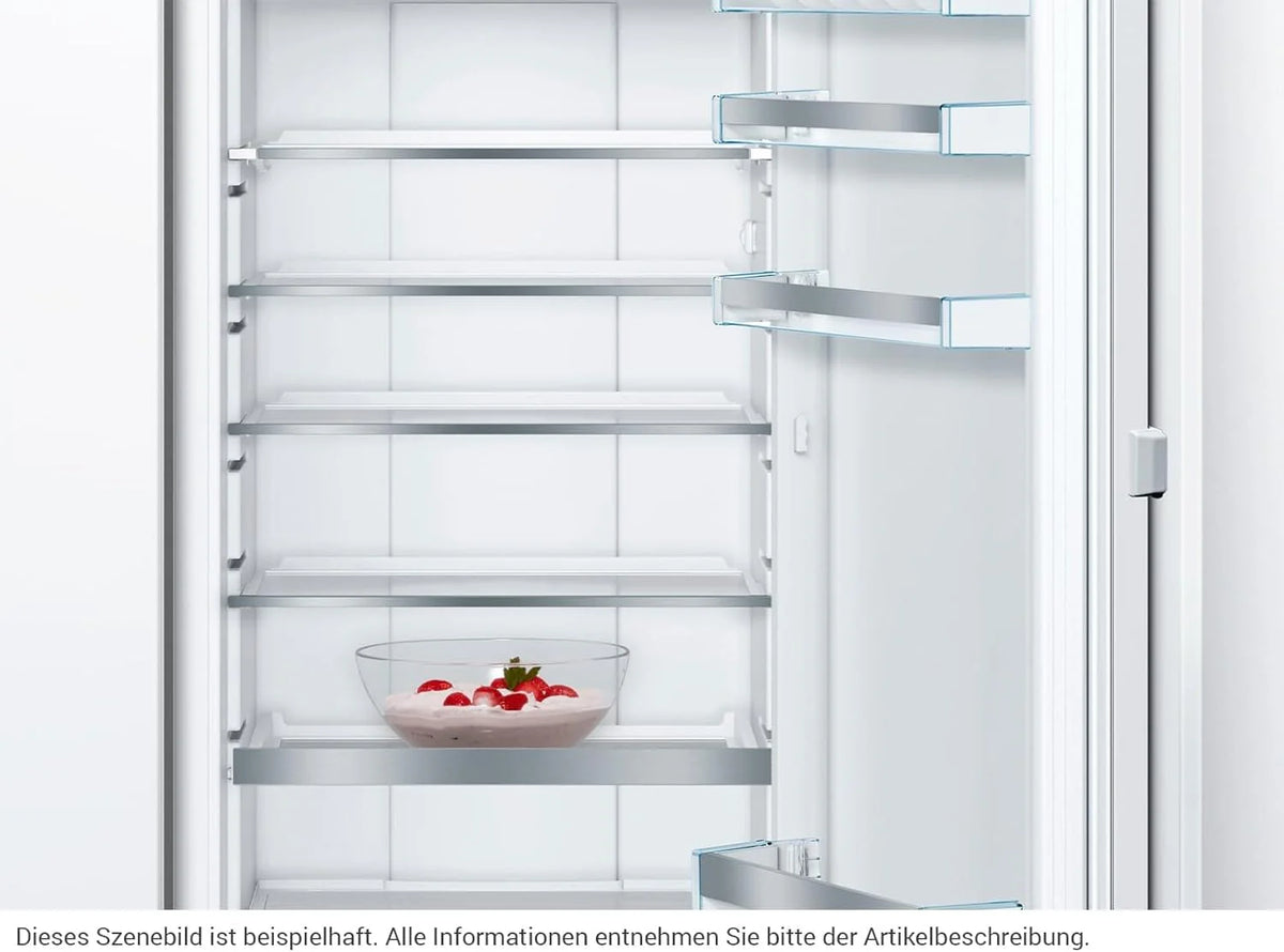 Bosch KIF82PFE0, seria 8, lodówka do zabudowy z zamrażarką, wnęka 177,5 x 56 cm, chłodzenie 254 l + 15 l zamrażania, Made in Germany, 3 x dłuższa świeżość, półki ze szkła bezpiecznego, szybsze