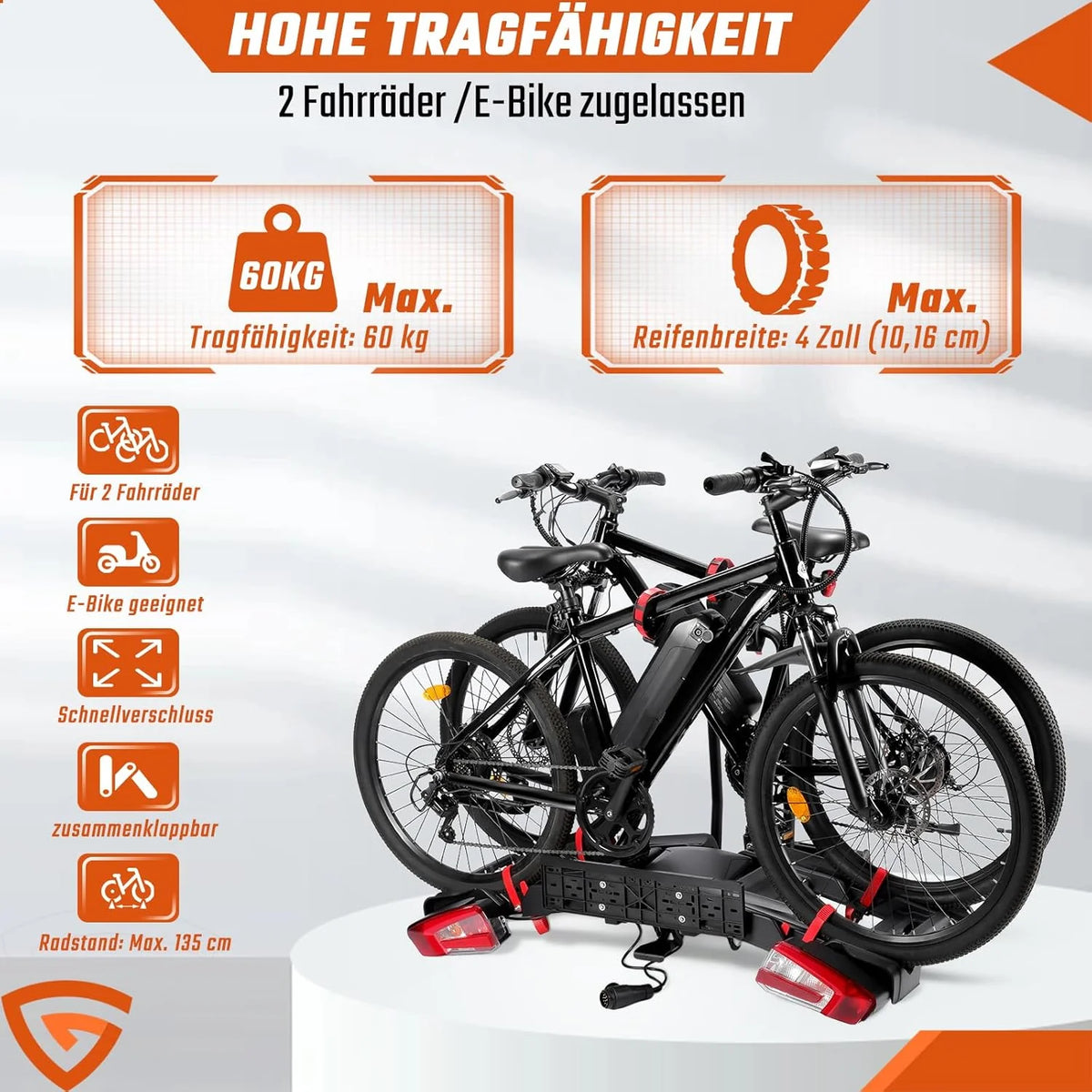 Bagażnik rowerowy na hak holowniczy na 2 rowery odpowiedni dla e-bike'ów z szybkim zapięciem, składany i wstępnie zmontowany, z kołami i uchwytami