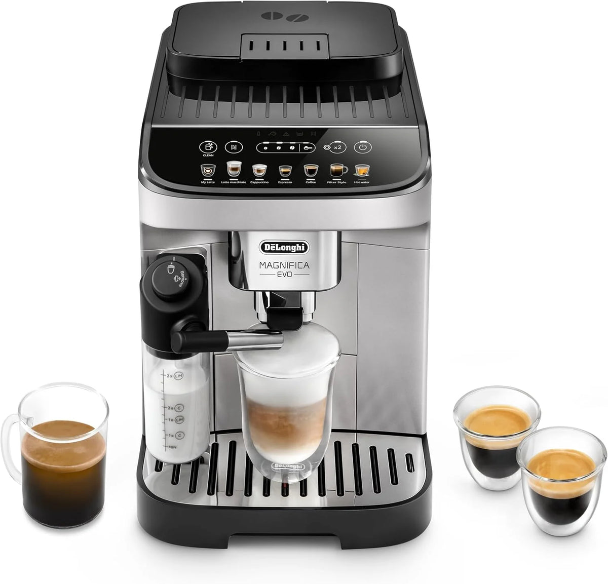 De'Longhi Magnifica Evo ECAM292.81.SB, w pełni automatyczny ekspres do kawy z systemem mlecznym, 7 przycisków bezpośredniego wyboru do cappuccino, espresso i innych specjałów kawowych, panel