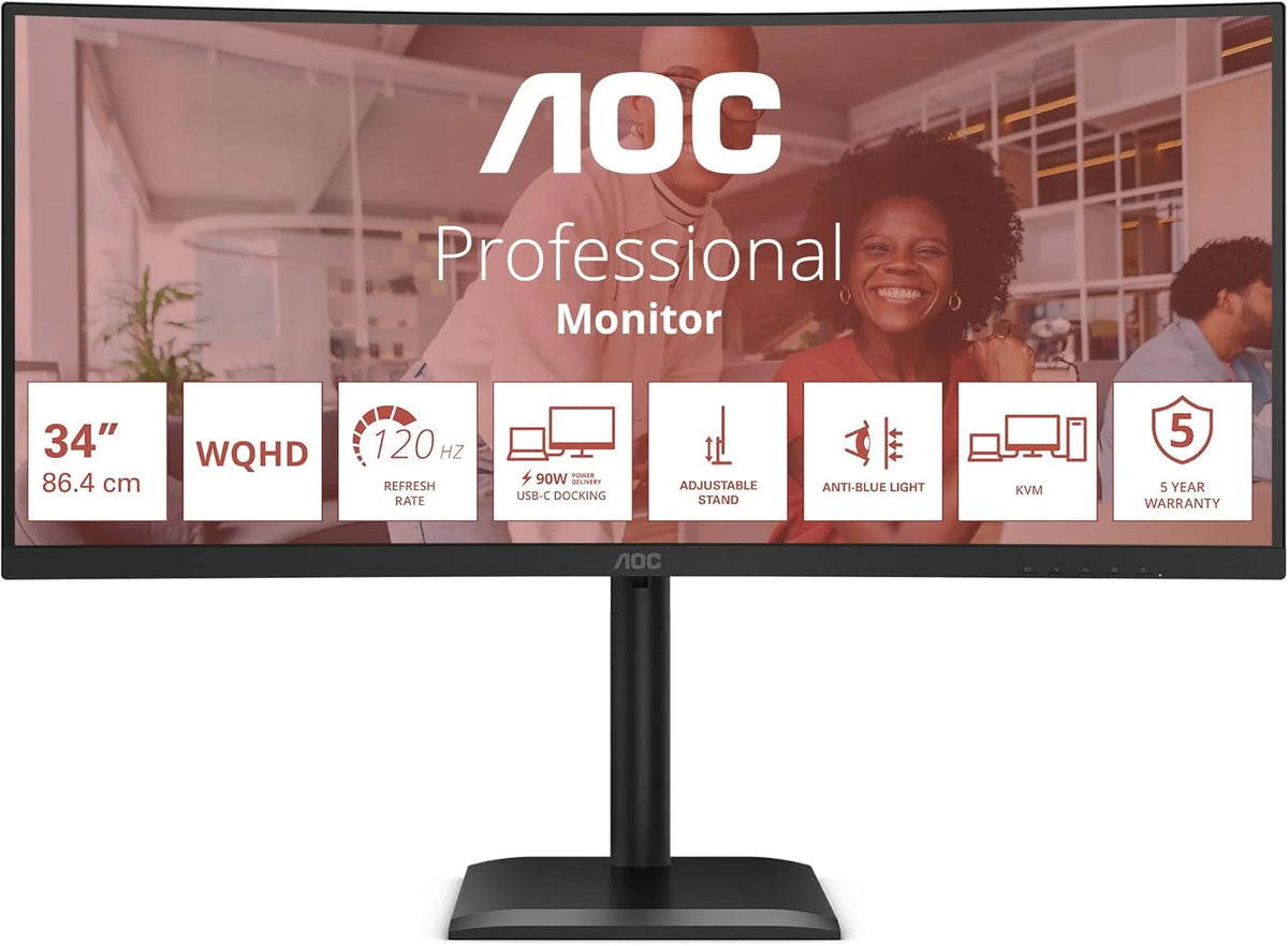 AOC WQHD CU34E4CV 34-calowy monitor, 120 Hz, VA, 4 ms, synchronizacja adaptacyjna, HDR Ready/HDR10, regulacja wysokości, głośniki (3440 x 1440, 2 porty HDMI 2.0, 1 port DP 1.4, koncentrator USB