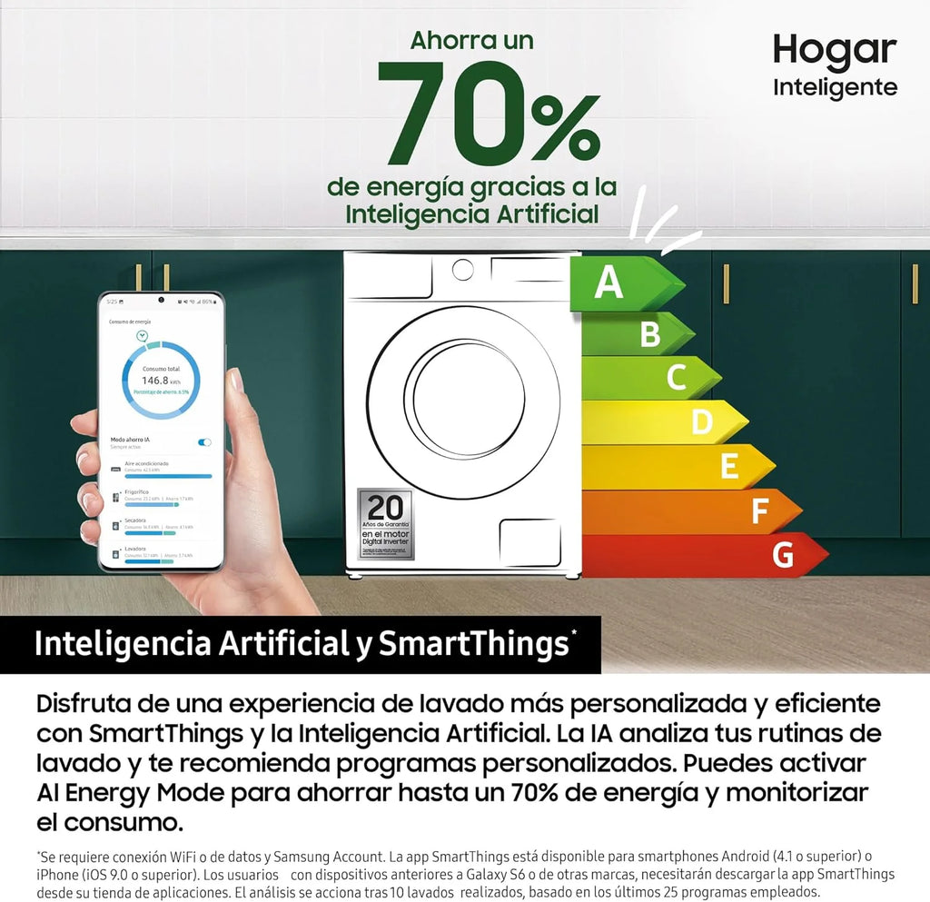 Samsung WW90DB7U94GEU3 - Pralka AI EcoBubble, 9 kg, A-20% z Super Speed 39, Samodawka, Para, Kolor Biały