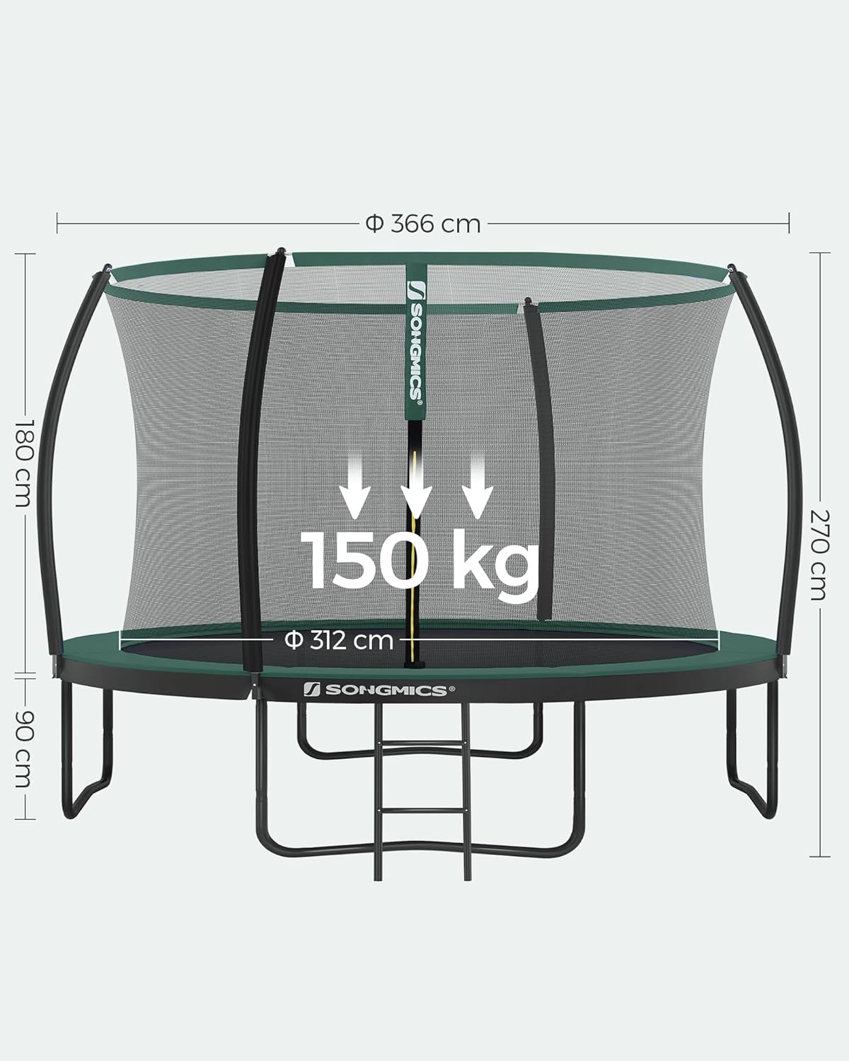 SONGMICS Okrągła trampolina ogrodowa z siatką bezpieczeństwa, drabiną i wyściełanymi drążkami, osłona bezpieczeństwa, czarna, ciemnozielona STR122C01 Ø 366 cm