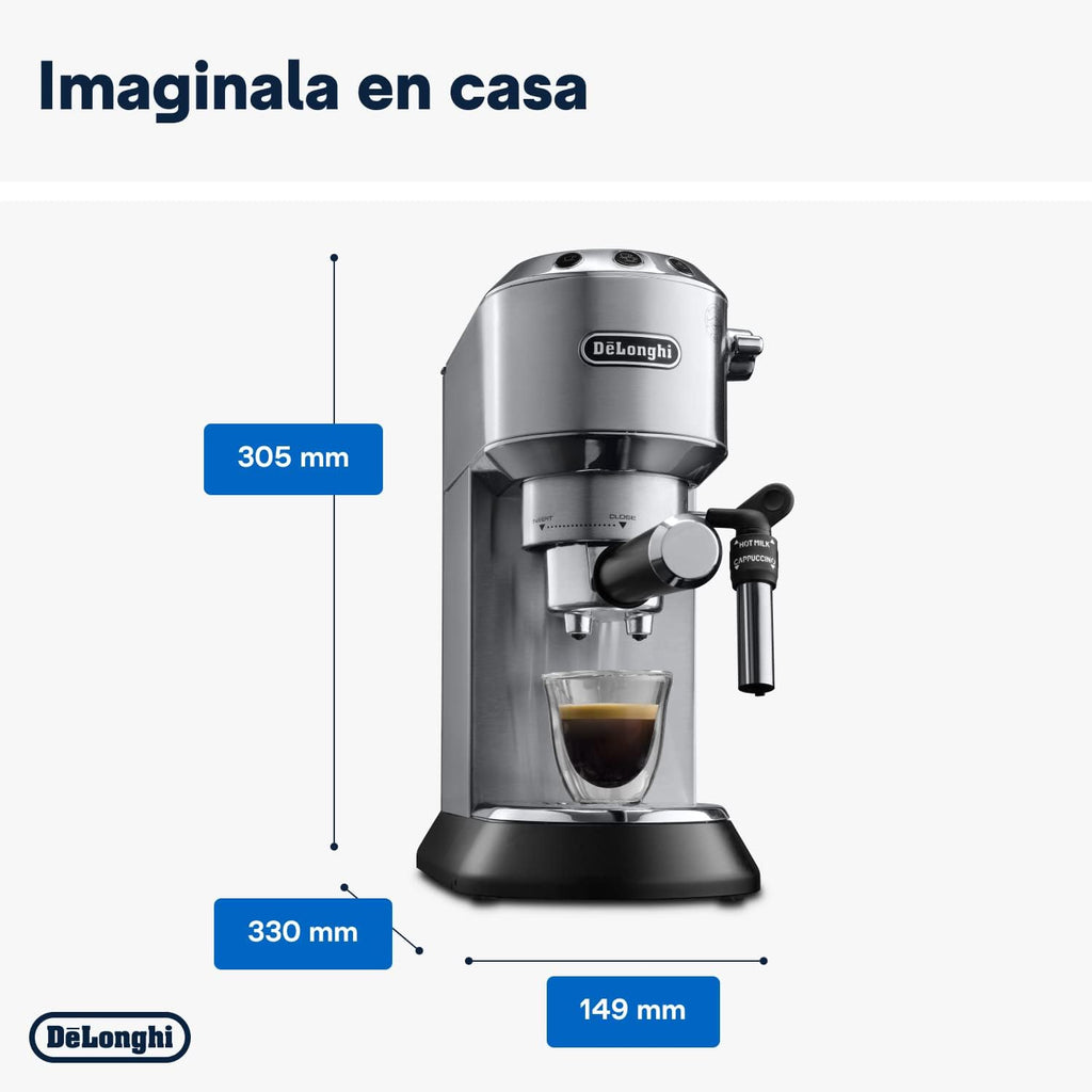 De'Longhi Dedica – Ekspres do kawy ze stali nierdzewnej z pompką do kawy mielonej lub na kapsułki, espresso i cappuccino, zbiornik 1,3 litra, system zapobiegający kapaniu, model EC685.M, kolor metaliczny