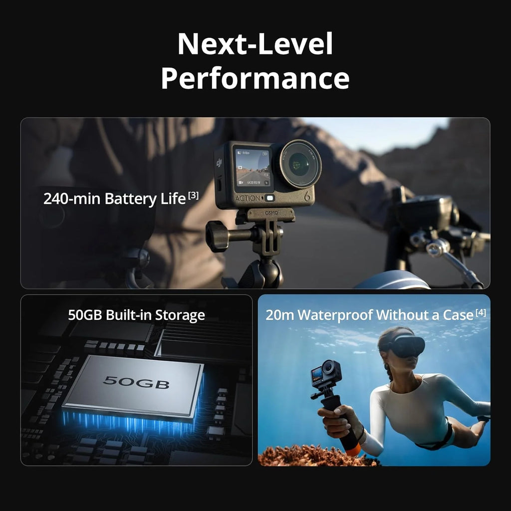 DJI Osmo Action 6 Enhanced Combo, podwodna kamera sportowa z kwadratową matrycą 1/1,1″ i pamięcią 50 GB, zmienną przysłoną f/2,0–f/4,0, wydłużony czas pracy z 2 akumulatorami, 8K