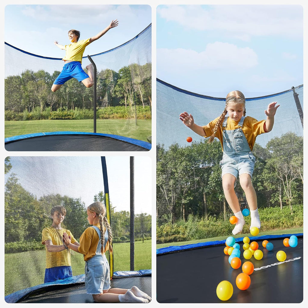 SONGMICS Trampolina Ø 366 cm, trampolina ogrodowa dla dzieci z siatką zabezpieczającą, drążki o wysokości 180 cm, osłona krawędzi, drabinka, rama stalowa, czarno-niebieski STR123Q01