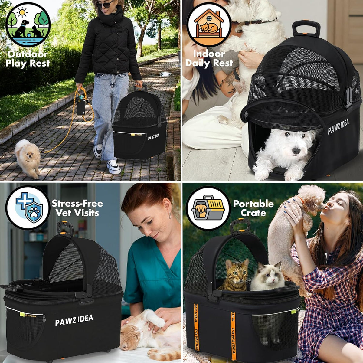 PAWZIDEA Podwójny wózek dla zwierząt domowych, dla 2 kotów, psów, małych i średnich, zatwierdzony przez TSA, transporter dla kota, rozszerzalny, ze zdejmowaną torbą do przenoszenia, 2 x zdejmowany
