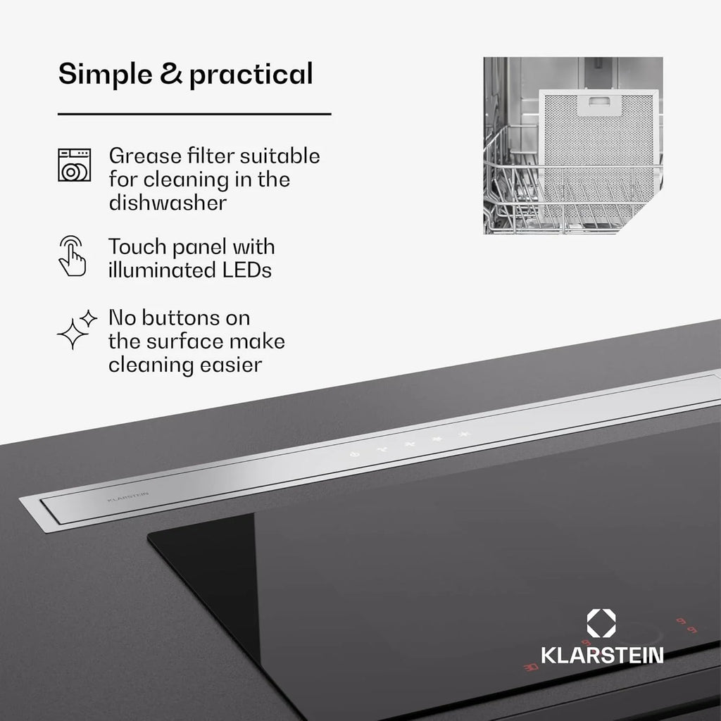 Klarstein Okap kuchenny 90 cm wyciąg w dół, wyciąg kuchenny recyrkulacja 2 w 1, przepływ powietrza 576 m³/h, wentylator wyciągowy ze światłem LED i panelem dotykowym