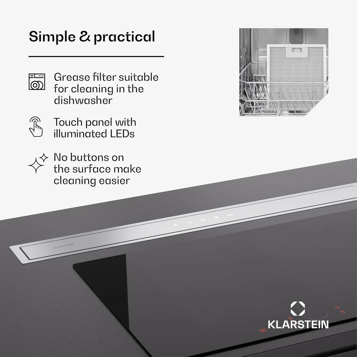 Klarstein Okap kuchenny 90 cm wyciąg w dół, wyciąg kuchenny recyrkulacja 2 w 1, przepływ powietrza 576 m³/h, wentylator wyciągowy ze światłem LED i panelem dotykowym