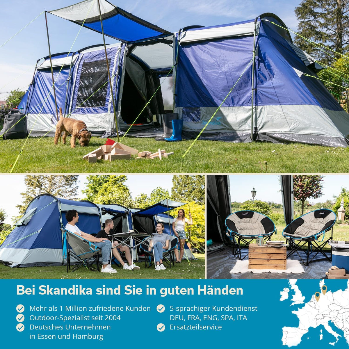 Skandika Namiot tunelowy Montana dla 8 osób, technologia Sleeper, 3 do 4 czarnych sypialni, 5000 mm słupa wody, moskitiera, 4 wejścia, namiot rodzinny, duże okna, duży namiot