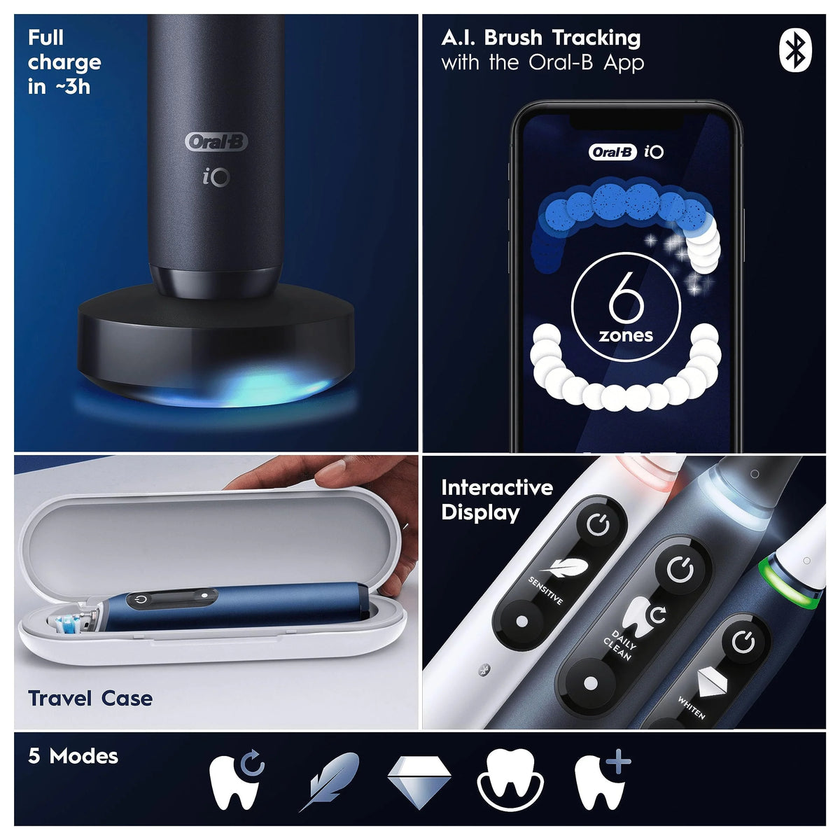 Oral-B iO7 Elektryczna szczoteczka do zębów dla dorosłych, prezent dla kobiet/mężczyzn, uchwyt połączony z aplikacją, 1 x szczoteczka do zębów i etui podróżne, 5 trybów wybielania zębów, kolor czarny