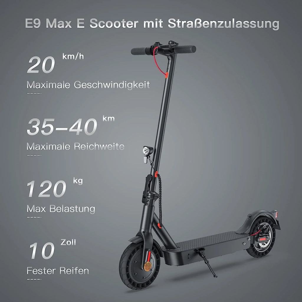 Skuter elektryczny z dopuszczeniem do ruchu drogowego, 10 cali, maks. zasięg 40 km 20 km/h, komfortowa amortyzacja uderzeń, hulajnoga elektryczna do 120 kg, połączenie z aplikacją, wyświetlacz LED,