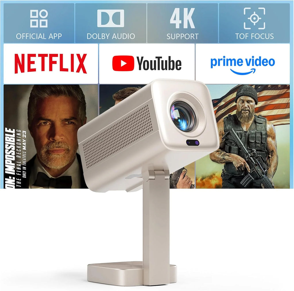 Mini projektor Smart 4K [oficjalny Netflix & Dolby Audio] VOPLLS TOF autofokus/korekcja trapezowa, projektor 26000 lumenów, WiFi6 Bluetooth Full HD 1080p obracany o 210°, projektor kina domowego