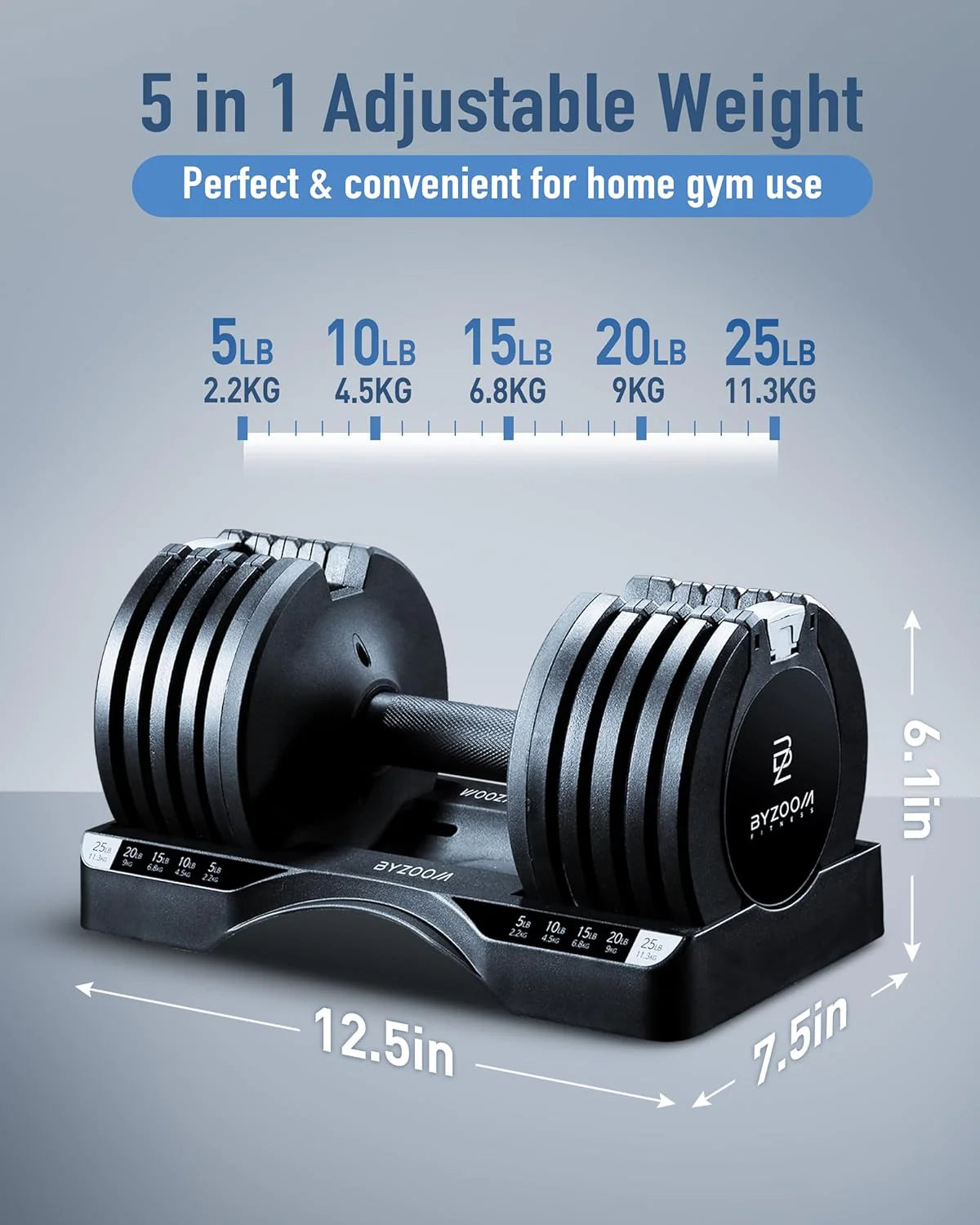 BYZOOM FITNESS Regulowane hantle – 12,5/11,3 kg pojedyncza jednostka LUB zestaw 5-12,7 cm - 1 regulowana waga do domowej siłowni, treningu siłowego i treningów fitness, biały lub czarny