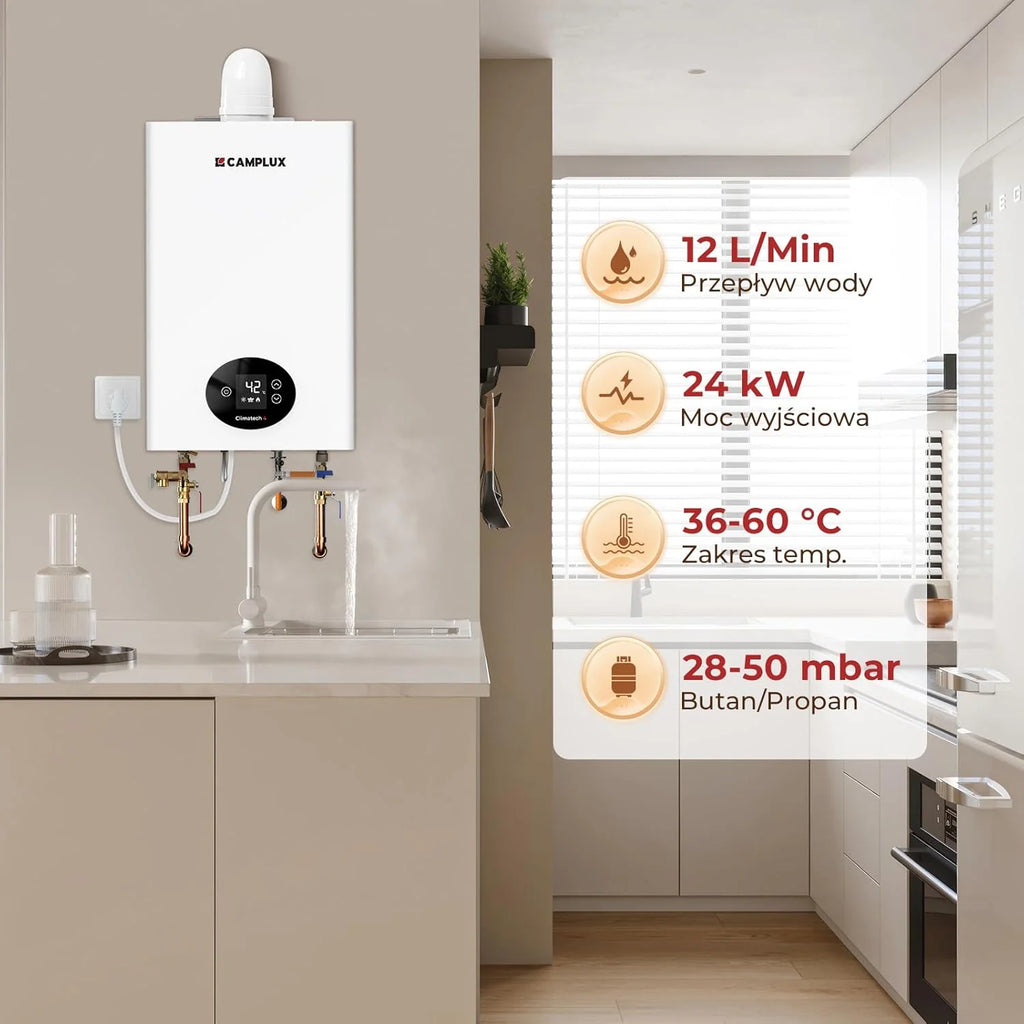 CAMPLUX Climitech 4 Gazowy Podgrzewacz Wody 12-litrowy, LPG, 28-50 mbar, do Łazienka/Kuchni/Balkonu, GX318LP