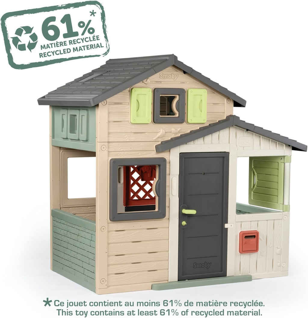 Smoby Life – domek zabaw Friends House EVO z 2 drzwiami, 6 oknami i wyjmowanym stołem piknikowym – wykonany z materiałów pochodzących z recyklingu, z ochroną UV, dla dzieci w wieku od 3 lat (7600810208)