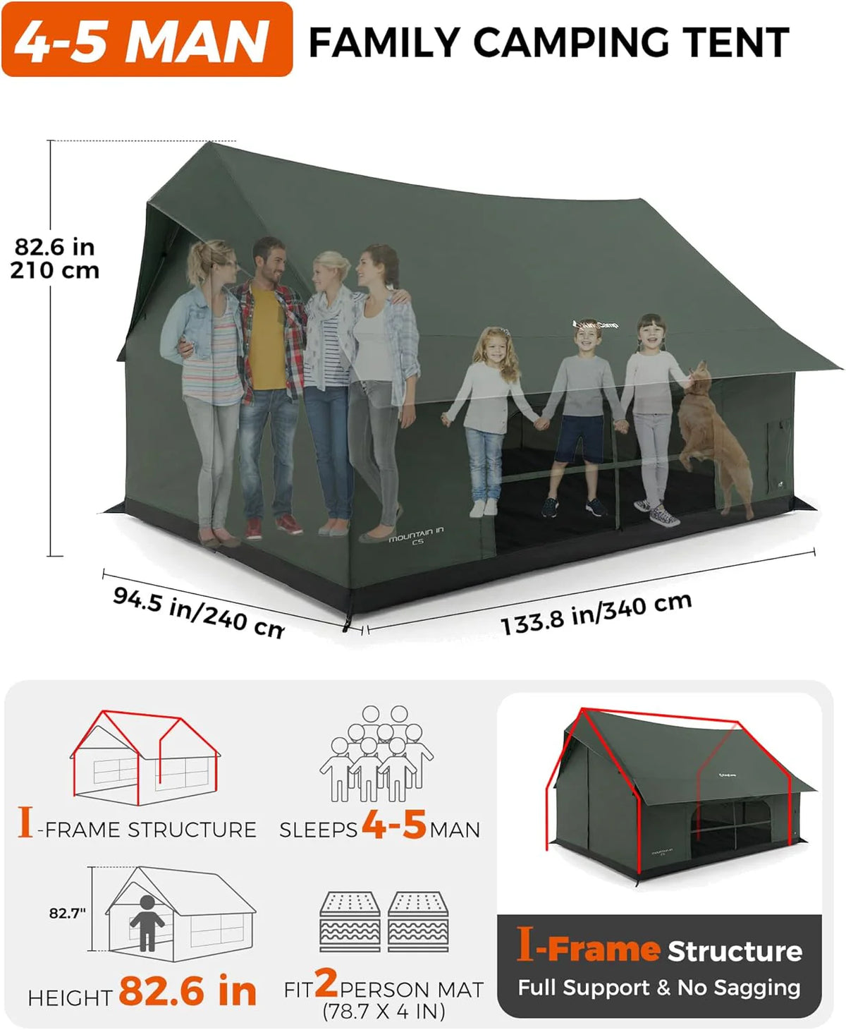 Namiot domowy dla 4-5 osób, 210 g, tkanina Oxford TC 150D, poliuretan, 3000 mm, wodoszczelny, 8 ㎡, duży