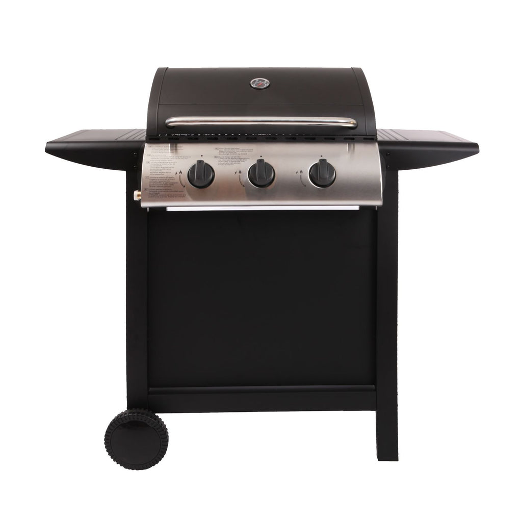 Lofoten - 8,4 kW, 3-palnikowy grill gazowy na kółkach, do użytku na zewnątrz, z pokrywą, 2 chromowanymi rusztami, 2 bocznymi półkami, 1 dolną tacką i termometrem - czarny