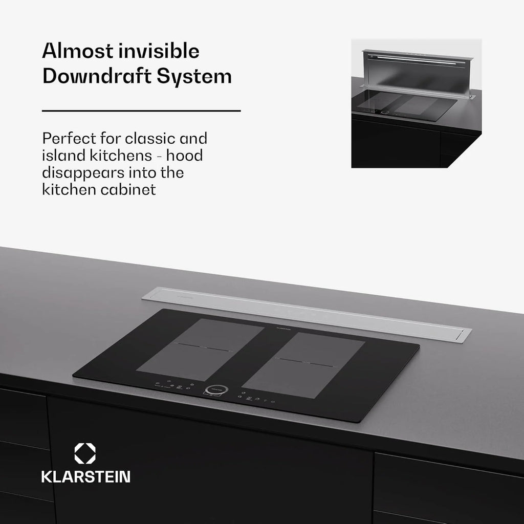 Klarstein Okap kuchenny 90 cm wyciąg w dół, wyciąg kuchenny recyrkulacja 2 w 1, przepływ powietrza 576 m³/h, wentylator wyciągowy ze światłem LED i panelem dotykowym