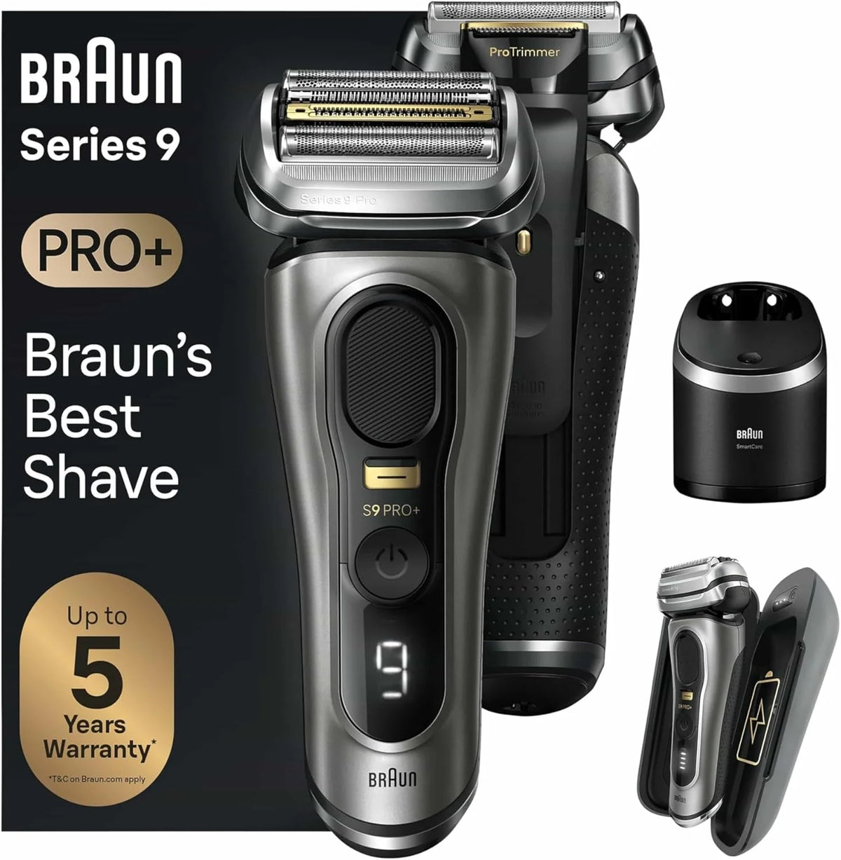 Braun Series 9 Pro + golarka elektryczna z 5 elementami do golenia, elektryczna golarka męska, maszynka do długich włosów, stacja czyszcząca, etui do ładowania, wyprodukowano w Niemczech, 9575cc,