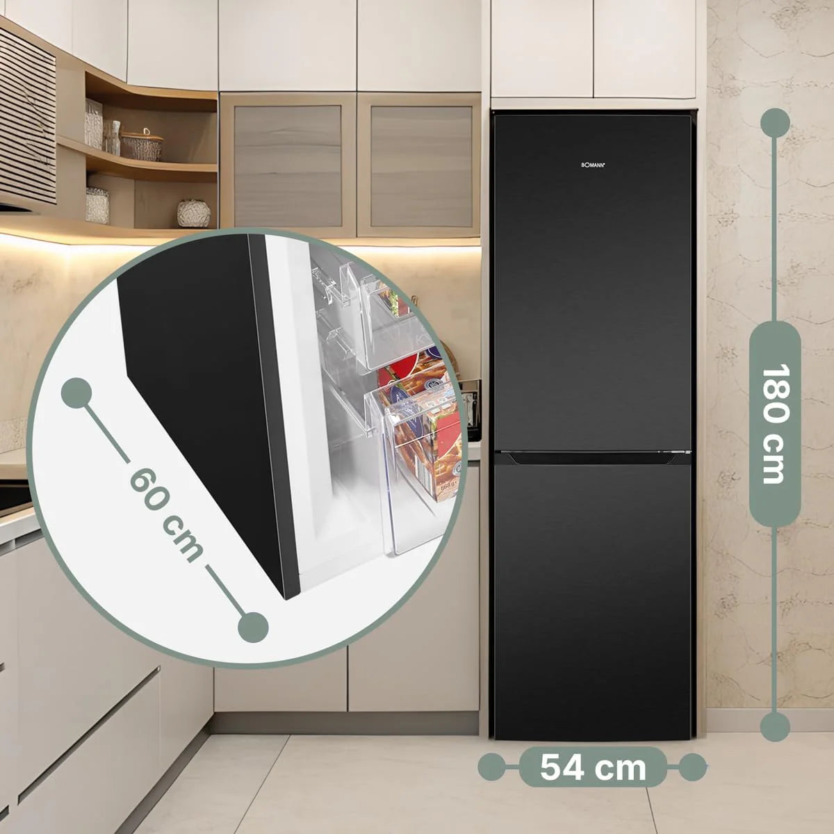 Lodówka i zamrażarka Bomann 247L KG7360-Czarna, System MultiAirflow, Całkowicie bezszronowa, 4 szklane półki, Oświetlenie LED, Klasa energetyczna A+, Czarna
