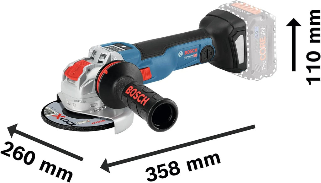 Bosch Professional system 18V: akumulatorowa szlifierka kątowa GWX 18V-10 SC (system X-LOCK, prędkość obrotowa bez obciążenia: 4 500 – 9 000 min–1, Ø tarczy: 125 mm, walizka L-BOXX)