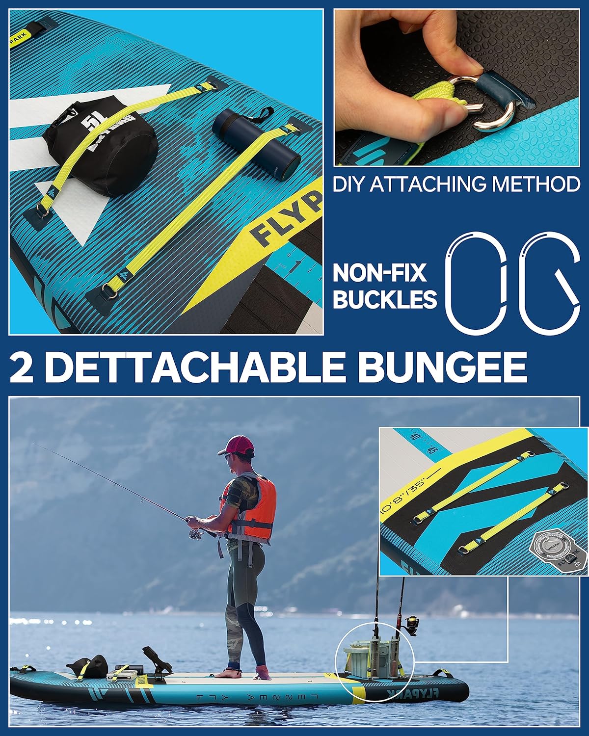 Flypark 10'8/11'x35'' wędkarstwo i rodzinne stabilne nadmuchiwane deski wiosłowe, bardzo szerokie nadmuchiwane deski SUP, łożysko 195 kg, deska do wiosłowania stojącego, uchwyt na aparat, pasek na
