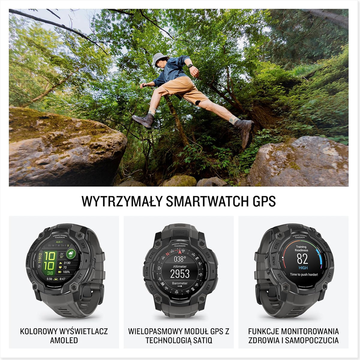 Garmin Instinct 3 SOLAR Wytrzymały Smartwatch GPS, 45 mm, Wbudowane Aplikacje Sportowe i Zdrowotne, Latarka LED, 10ATM, Sunburst