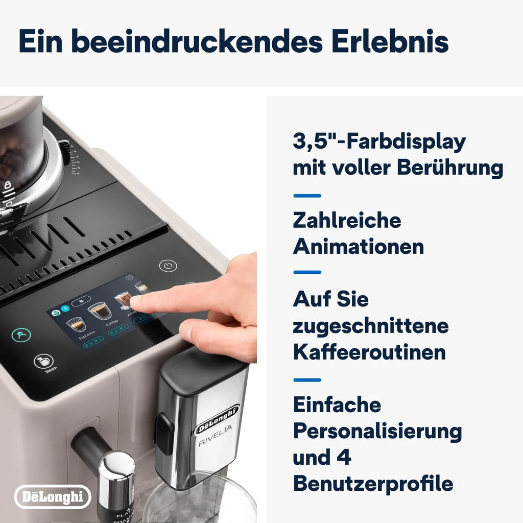 De'Longhi Rivelia EXAM440.35.BG, Superautomatyczny ekspres do kawy z ręcznym spieniaczem do mleka, kompaktowy rozmiar, 8 przepisów, kolorowy ekran dotykowy, beżowy piasek