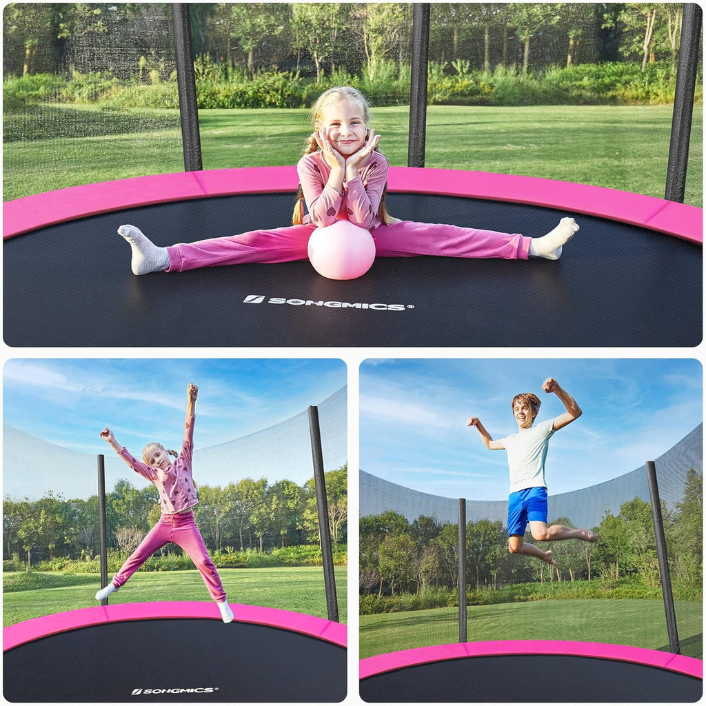 SONGMICS Trampolina ogrodowa o średnicy 183/244/305/366/427 cm, z siatką zabezpieczającą, drabinką i wyściełanymi drążkami, osłona bezpieczeństwa, zewnętrzna