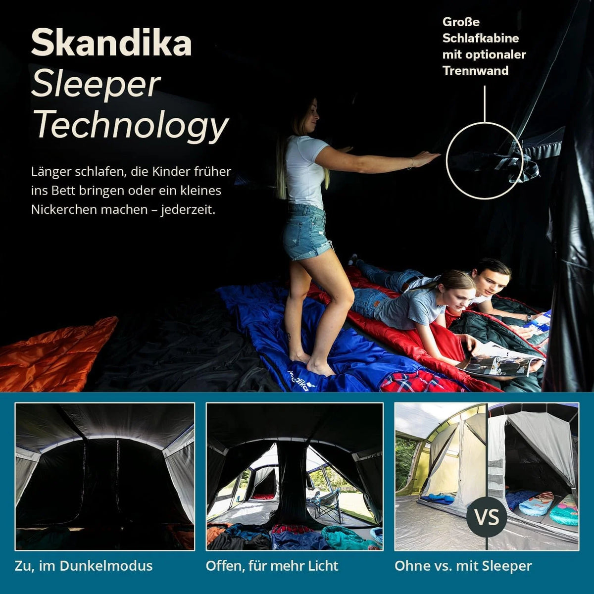Skandika Namiot tunelowy Montana Sleeper Protect dla 10 osób | wszyta podłoga namiotu, technologia Sleeper, 2 do 4 czarnych sypialni, wodoodporność 5000 mm, moskitiera, 4 wejścia, namiot rodzinny (niebieski)