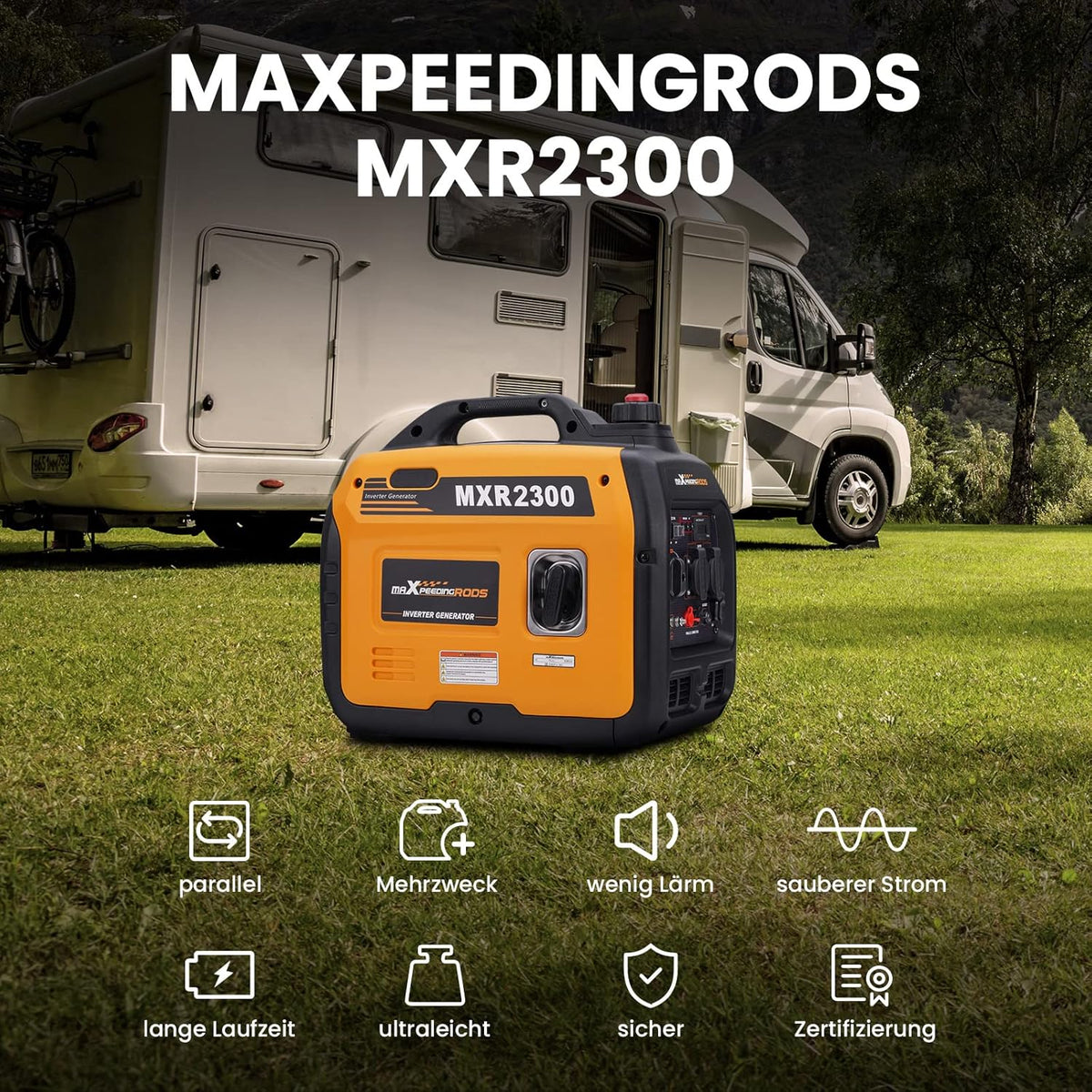 maXpeedingrods inwerterowy agregat prądotwórczy 2300 W, benzynowy, 4-suwowy, z gniazdami USB i napięciem 230 V, super cichy i lekki jako awaryjny agregat prądotwórczy w podróży
