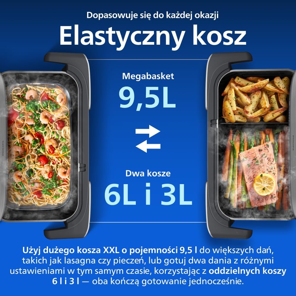 Philips Airfryer Ovi serii 5000 Megabasket z parą - Steamfry, Gotowanie na parze i Airfry, 28 metod gotowania; 9,5 l w Megabasket lub 3 l + 6 l w podwójnym koszu, RapidAir, czyszczenie parą (NA565/00)