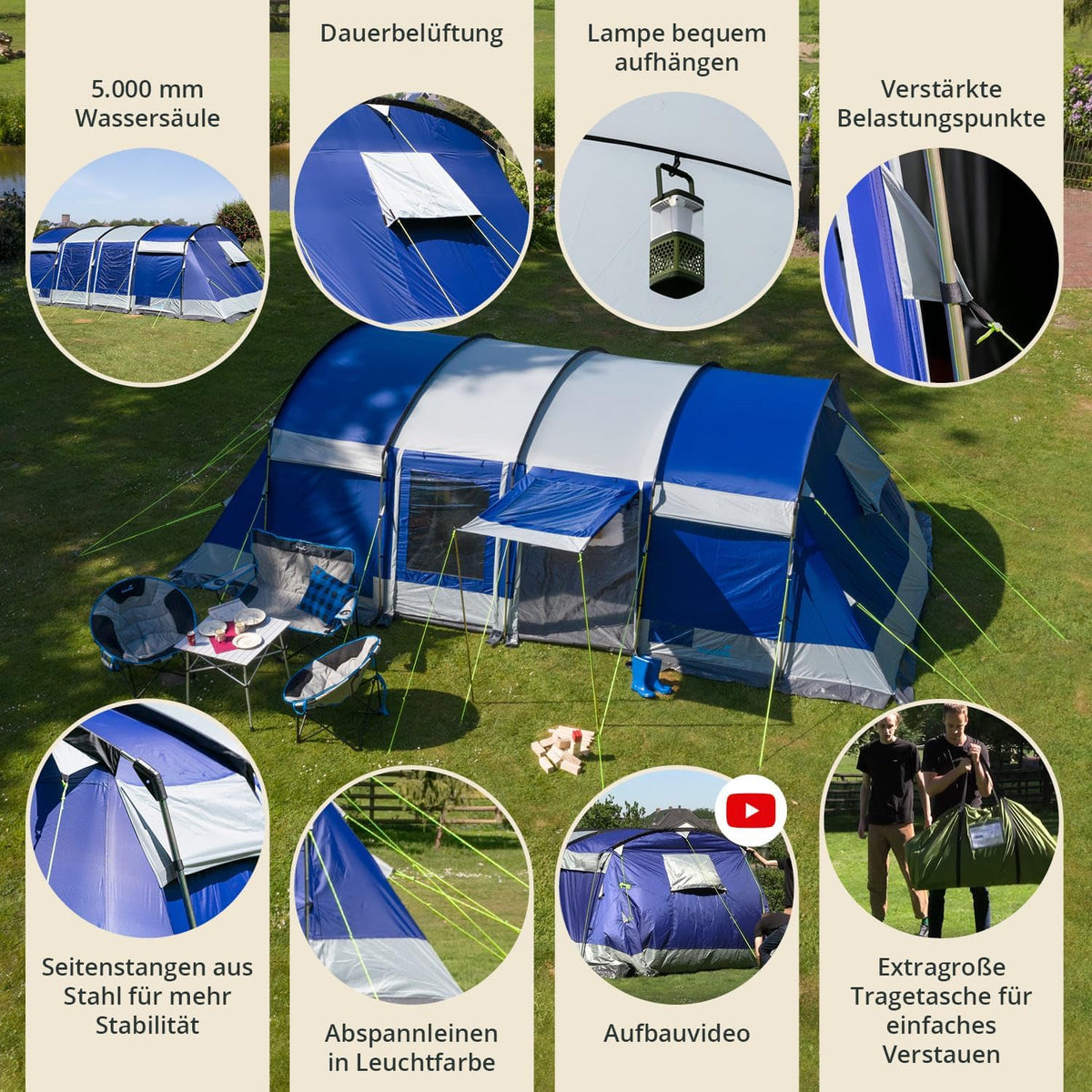 Skandika Namiot tunelowy Montana dla 8 osób, technologia Sleeper, 3 do 4 czarnych sypialni, 5000 mm słupa wody, moskitiera, 4 wejścia, namiot rodzinny, duże okna, duży namiot
