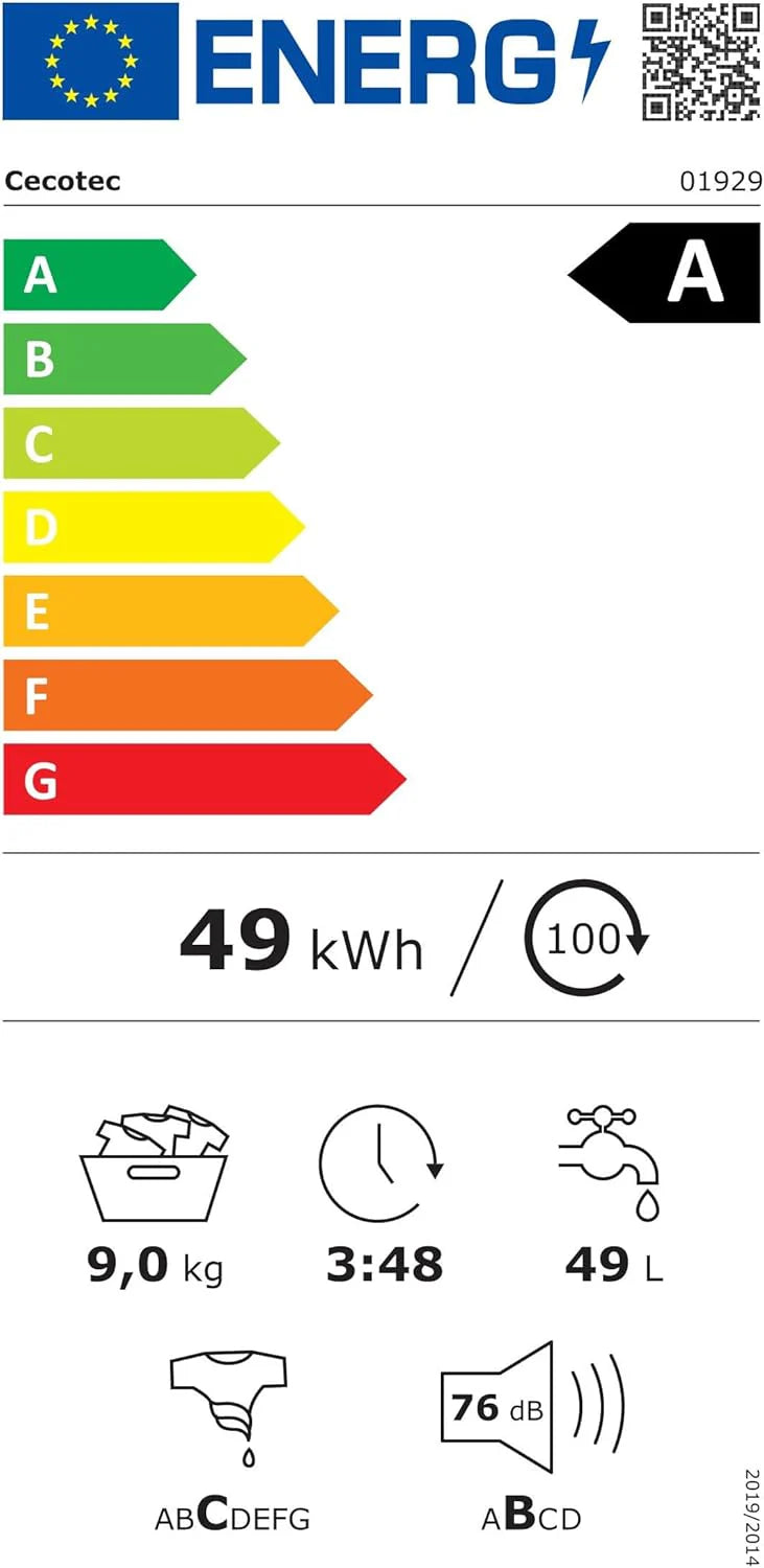 Cecotec Pralka przednia 9Kg Bolero Dresscode 9610 Inverter Blue Ice A. 2000 W, 1400 obr./min, funkcja pary, silnik Inverter Plus, 15 programów, optymalizuje poziom wody i czas prania