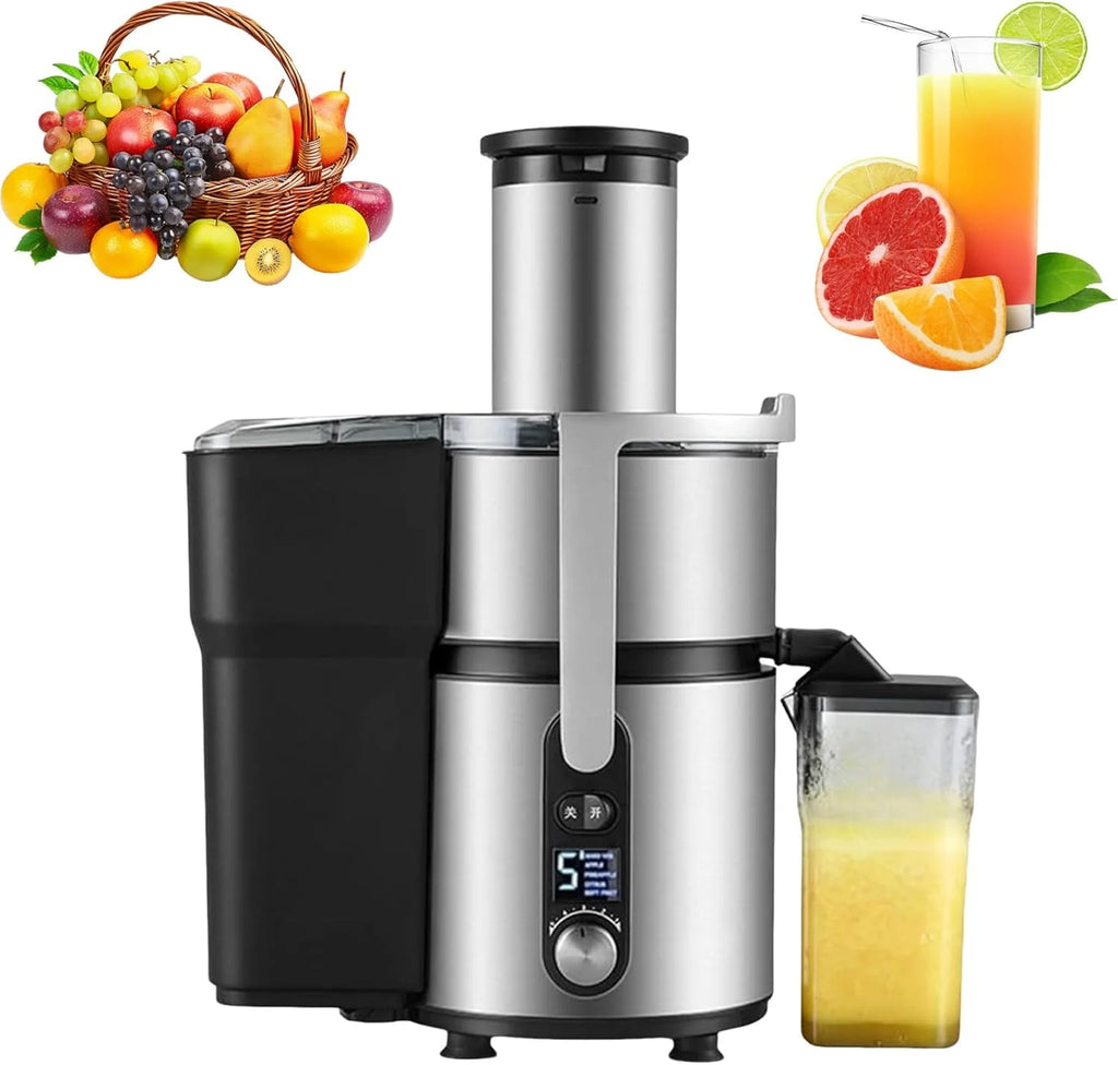 Wyciskarka do soku pomarańczowego ze stali nierdzewnej z 5 ustawieniami prędkości, sokowirówka odśrodkowa o mocy 1250 W, rynna zasypowa o średnicy 84 mm do całych owoców, warzyw, użytku domowego